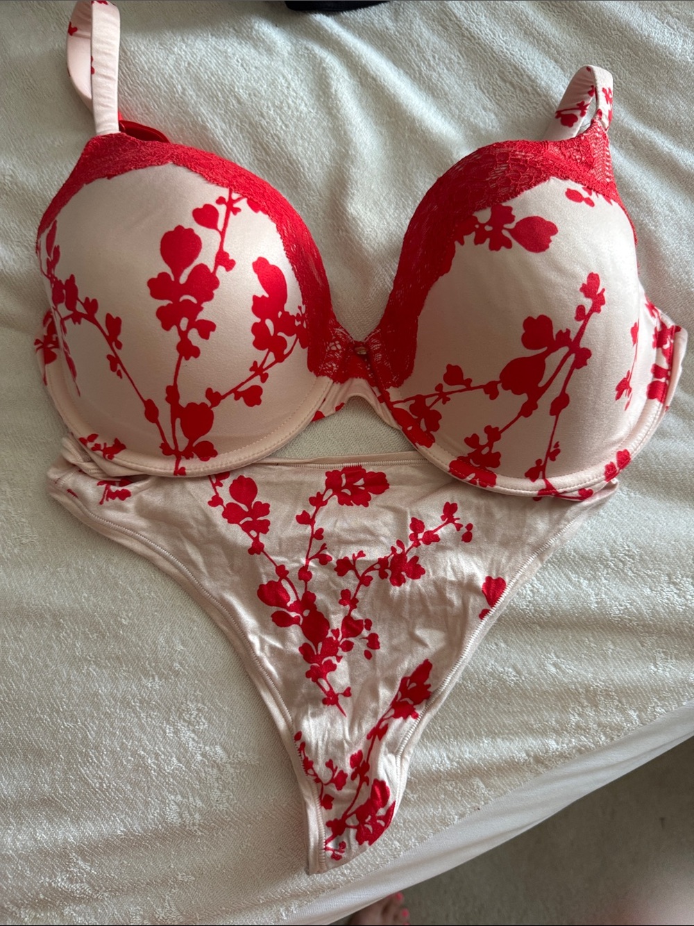 Victoria's Secret Pink Bra & Thong Set with Red Floral Print